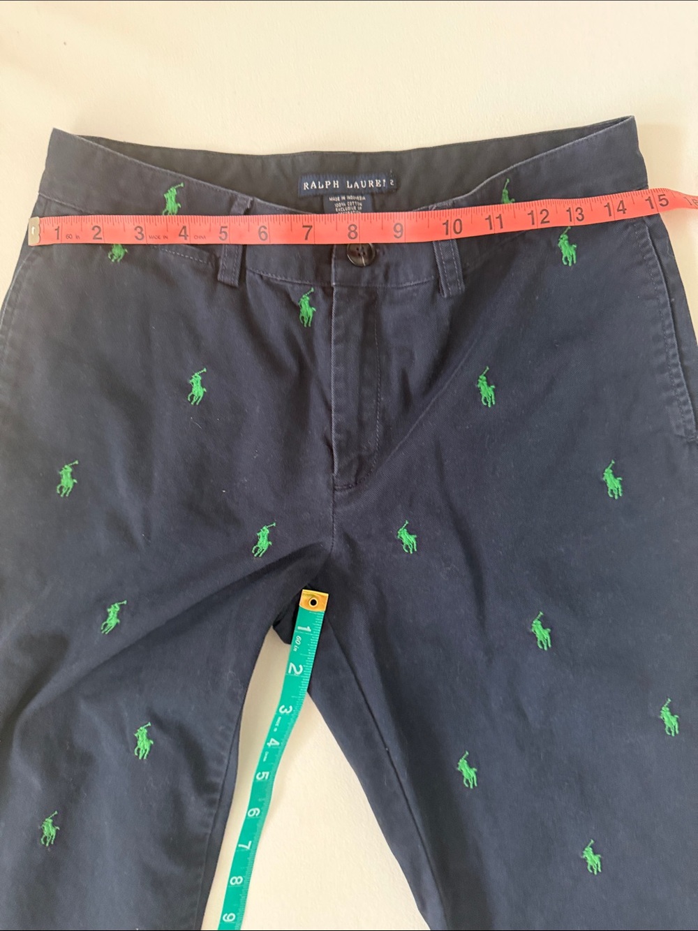 Polo Ralph Lauren Navy Chinos w/Green all over Pony Pants Size 2 - Picture 7 of 10